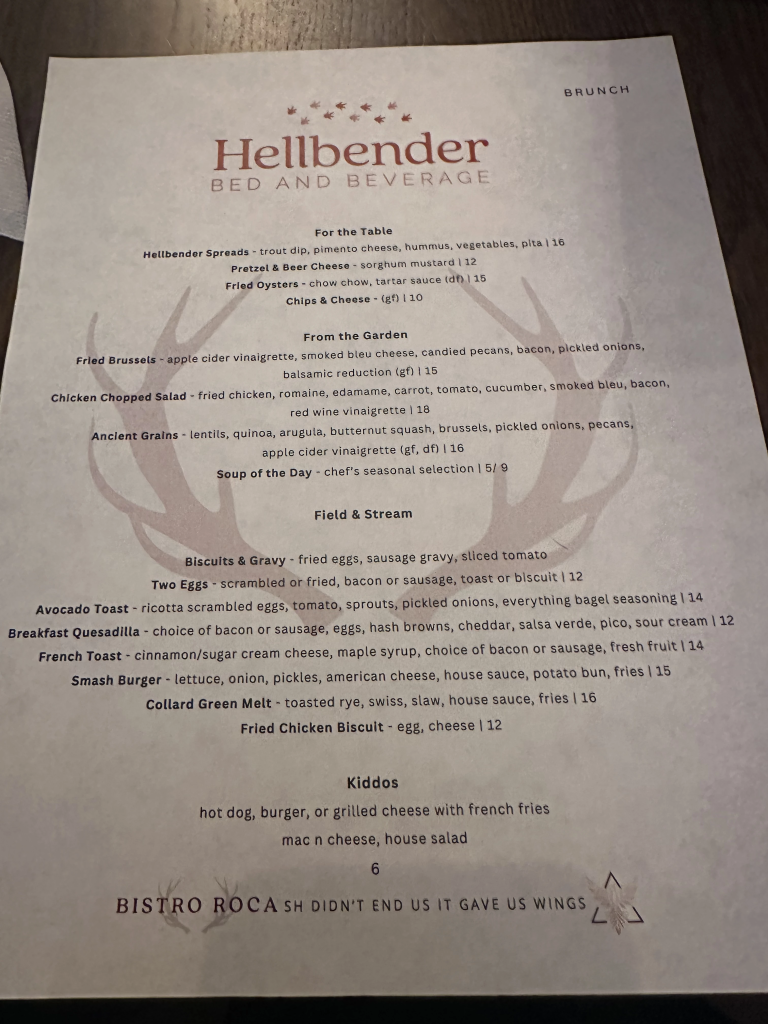 Hellbender Bed and Beverage Brunch Menu
